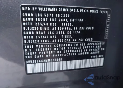 2021 Volkswagen Tiguan 2.0T Se/2.0T Se R-Line Black/2.0T Sel из США, поврежденный, VIN 3VV2B7AX2MM023968